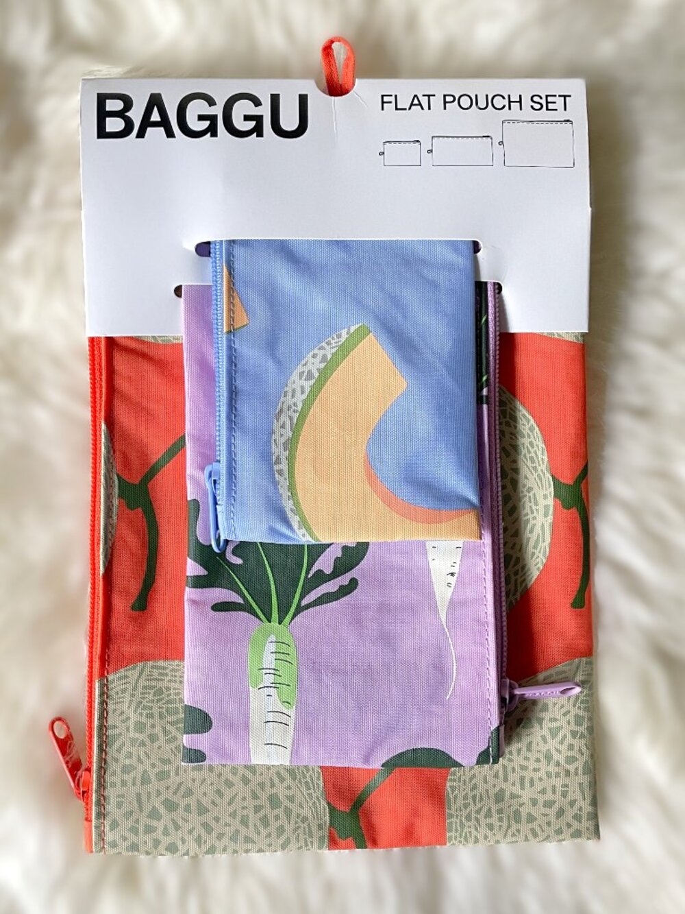 NWT Baggu Flat Pouch Set - Japanese Produce (Cantaloupe, Daikon, Yubari)